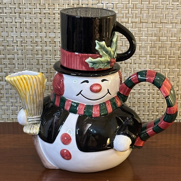 🎄2007 Fitz & Floyd Christmas Snowman Cup Cocoa For One Ceramic Teapot & Teacup - Picture 2 of 13
